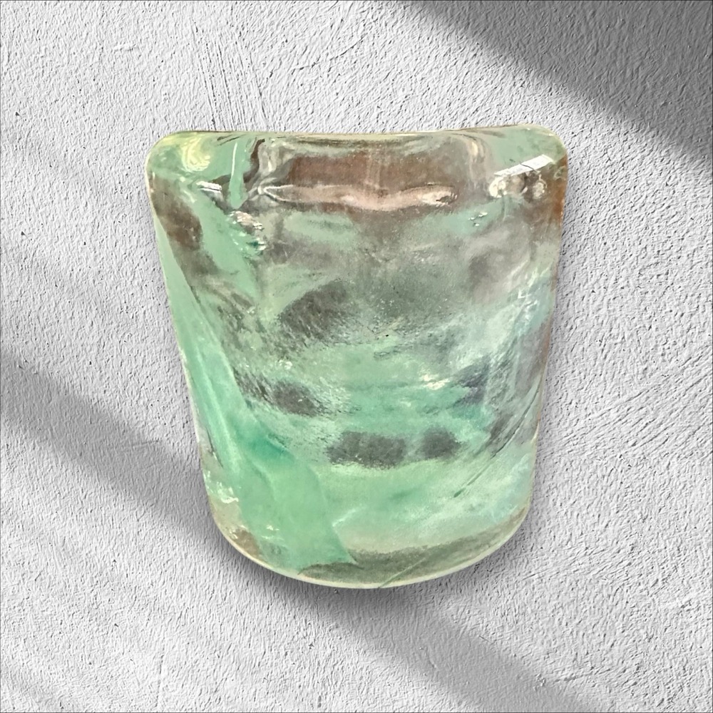 Reijmyre Sweden Round Sea Blue/Clear Glass Votive Candle Holder 3"x 3" - Picture 3 of 16